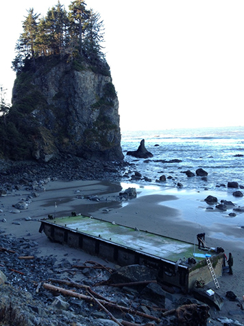 Japanese tsunami dock located on a Washington coast beach.