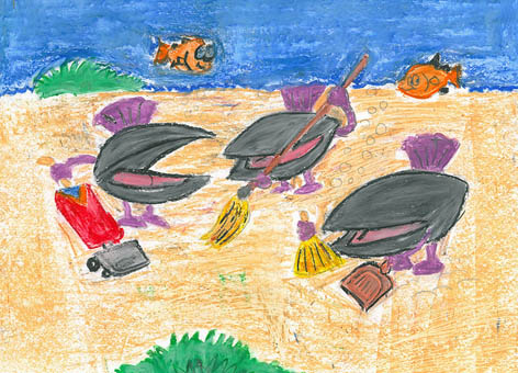 Drawing of clams cleaning the sea floor of debris.