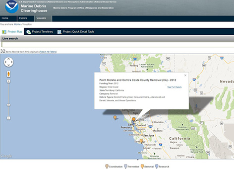 A view of the Marine Debris Clearinghouse map showing NOAA-funded projects.