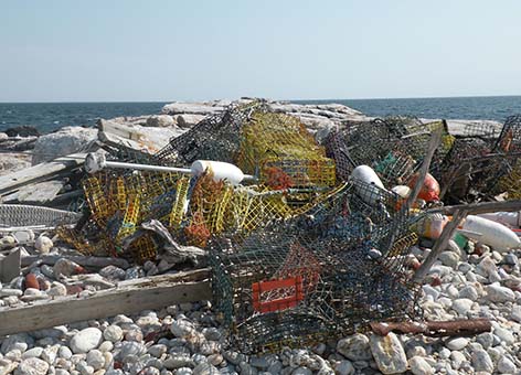 Derelict lobster traps collected from White Island in the Isles of Shoals.