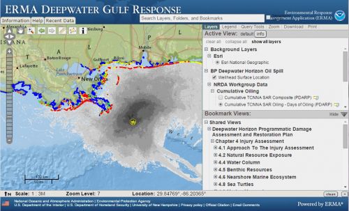 Screenshot of ERMA Deepwater Gulf Response map with restoration plan data.
