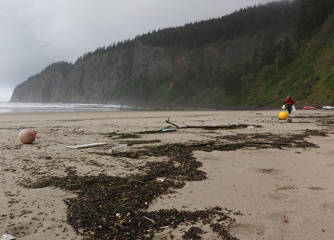 A man picks up plastic floats and debris on an Oregon beach.