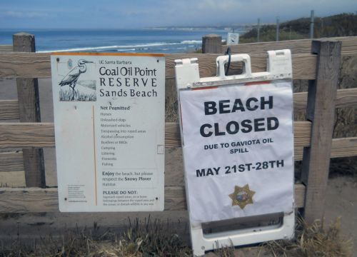 A beach closed sign on a fence in front of an ocean beach at Coal Point.
