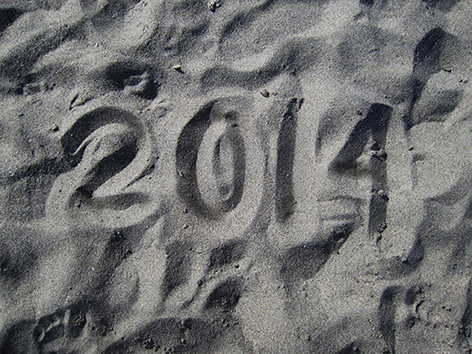 2014 written in the sand.