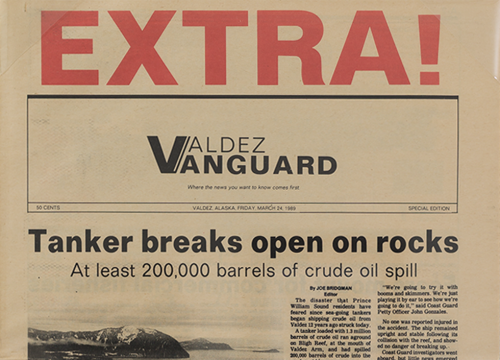 Front page of Valdez newspaper's first reports on the Exxon Valdez oil spill.