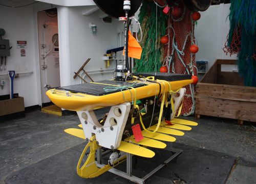A wave glider before being launched from the NOAA Ship Oscar Dyson. 