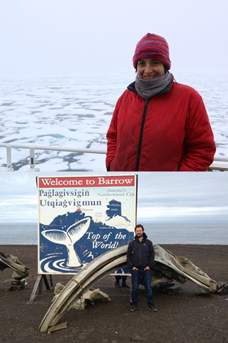 Woman on a ship (above) and man in front of whale bones and sign (below)