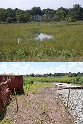 Tidal creek in Woodbridge Marsh in 2008 and observation deck layout in 2013.