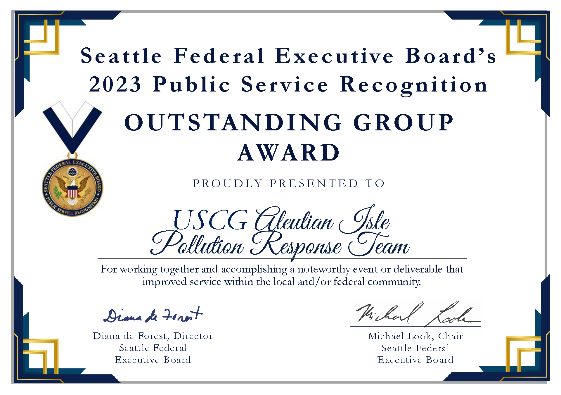 A certificate for the Outstanding Group Award to members of NOAA OR&R, Center for Operational Oceanographic Products and Services, National Weather Service, and National Marine Fisheries Service and other agencies for their collective work on the response to the F/V Aleutian Isle sinking in Washington state. Image credit: SFEB
