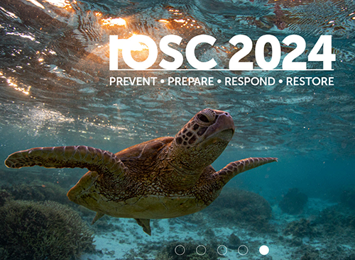 International Oil Spill Conference 2024 poster featuring a turtle swimming underwater. 