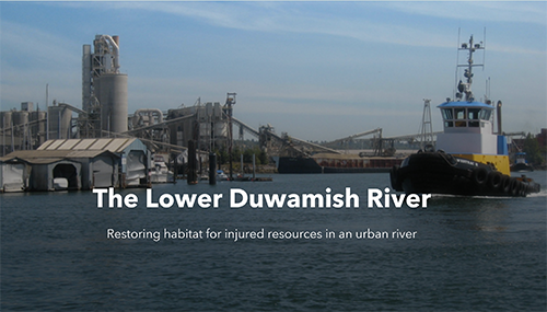 A boat navigates the Lower Duwamish River with industrial development on the river banks with text overlaid, "The Lower Duwamish River - Restoring habitat for injured resources in an urban river."