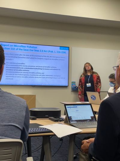 NOAA Marine Debris Program Research Coordinator, Carlie Herring, presenting to the IJC Microplastics Monitoring and Risk Assessment Working Group (Credit: NOAA).