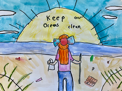 Artwork by: Hazel P. (Grade 3, Florida). Image shows a person cleaning up a beach with the text "Keep our oceans clean."
