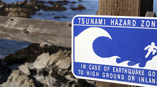 Tsunami Danger sign in California Beach. 