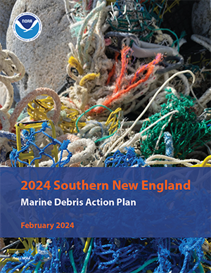 The cover of the Southern New England Marine Debris Action Plan including a pile of rope and other debris. 