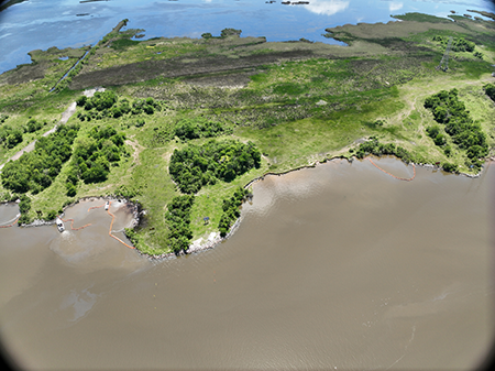 Drone overflight view of areas protected by boom during pipeline spill into the Gulf Intracoastal Waterway, April 28, 2023. Image credit: Louisiana Oil Spill Coordinator's Office.