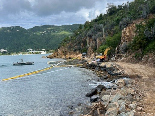 Oil containment and collection operations in response to a diesel fuel release on St. Thomas, USVI, November 29, 2023.