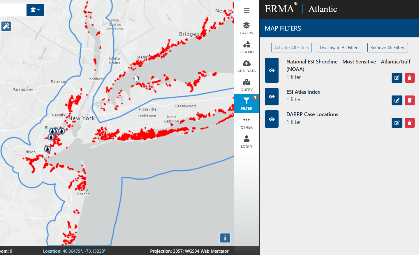 Enhanced map filtering feature showing map data applied in three different filters: National ESI Marsh Shoreline, ESI Atlas Index of New York/Long Island area, and oil spill cases in DARRP locations.