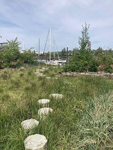 Duwamish River People’s Park (Terminal 117, T117) along the Lower Duwamish River in Washington, showing a stepping stone pathway to a public access boat launch. 