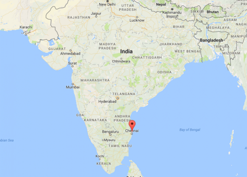 Map with pin showing Chennai, India.