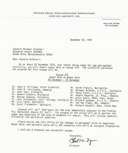 Typed letter authorizing research cruise for Dec. 20, 1976.