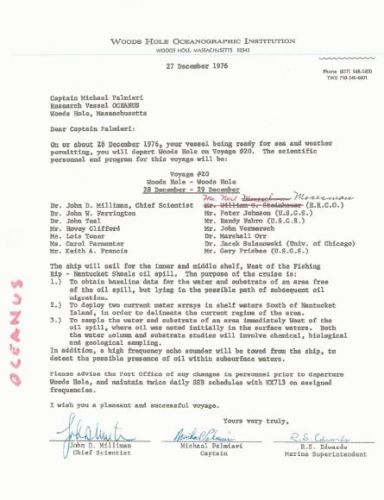 Typed letter authorizing research cruise for Dec. 28, 1976.