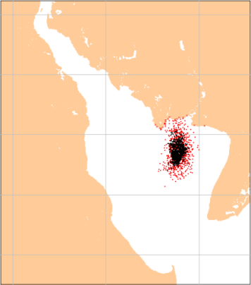 GNOME model output depicting relative distribution of oil.