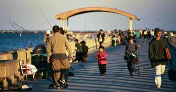 Photo: Several recreational fisherman on a pier.