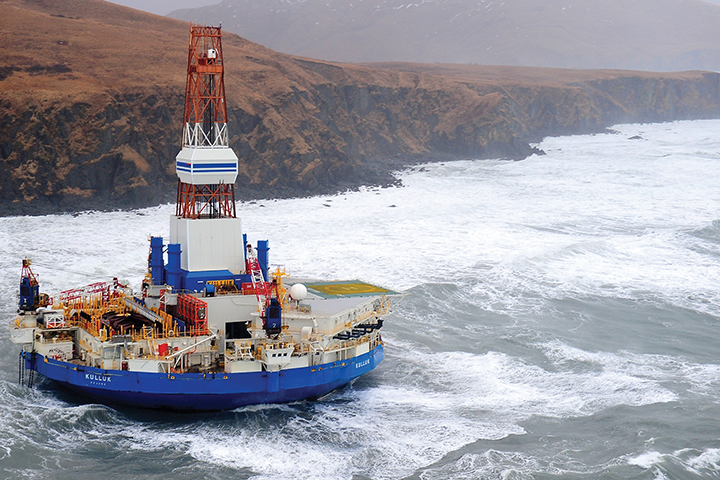 The drilling ship Kulluk, aground near Kodiak Island, Alaska, in January 2013.