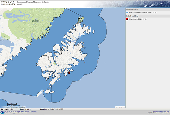 Location of the drilling rig Kulluk aground on Sitkalidak Island, Alaska, and critical habitat for Steller sea lions.