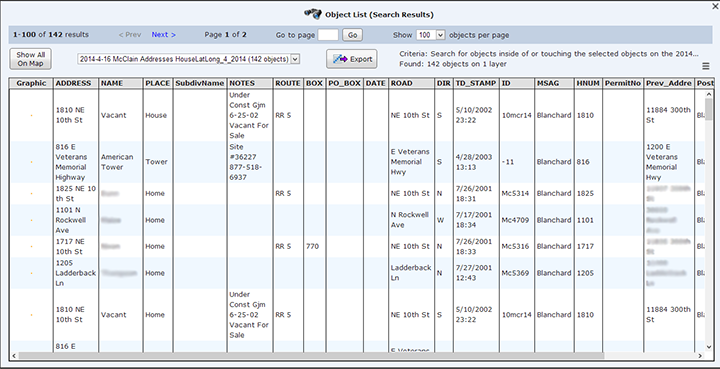 Screenshot of MARPLOT 5 showing addresses in a spreadsheet.