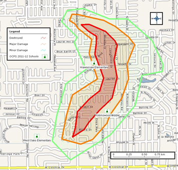 Map view of schools possibly affected by severe weather.