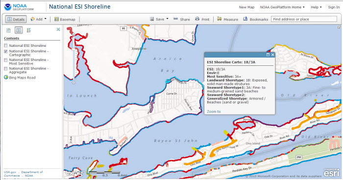 Screenshot of the National ESI Shoreline, showing the ESI rank for a section of shoreline in Alabama.