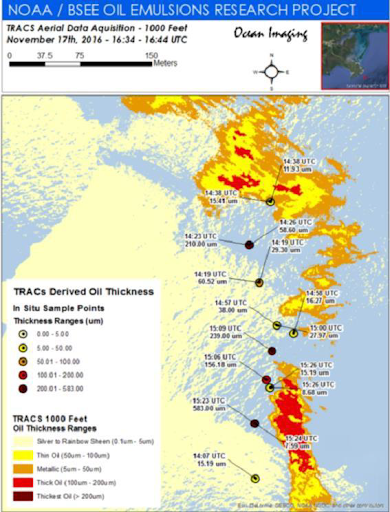 A heat map showing various oil slick thickness on the map. 