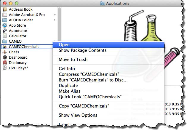 When you control-click (or right click) on the CAMEOChemicals application file, a right-click menu appears. Select the Open option from the menu.
