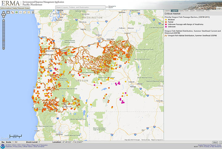 Screenshot of map of Oregon with fish habitat and fish passage barriers highlighted along rivers.