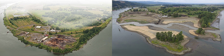 Left: Aerial view of a sawmill near a riverbend. Right: Aerial view of wetlands and side channels near a riverbend.