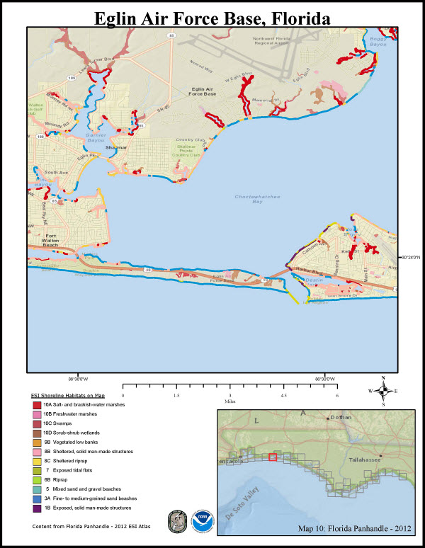 Sample ESI map page, showing Map 10 (Eglin Air Force Base) of the Florida Panhandle ESI maps.