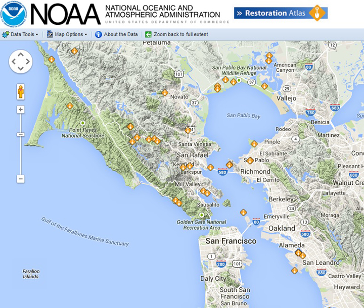 Map of San Francisco Bay showing locations of NOAA restoration projects.