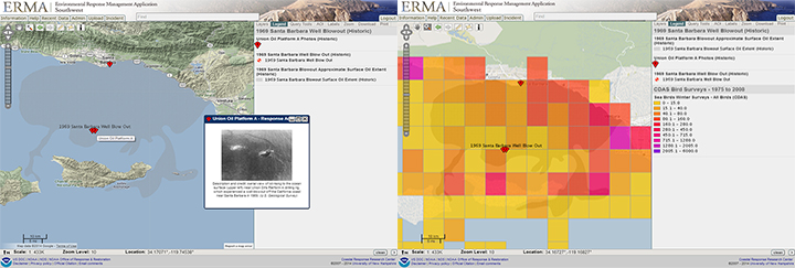 Screen shots of two maps of the coast showing where a drilling platform and oil slick are located along with different colors indicating where sea birds live.