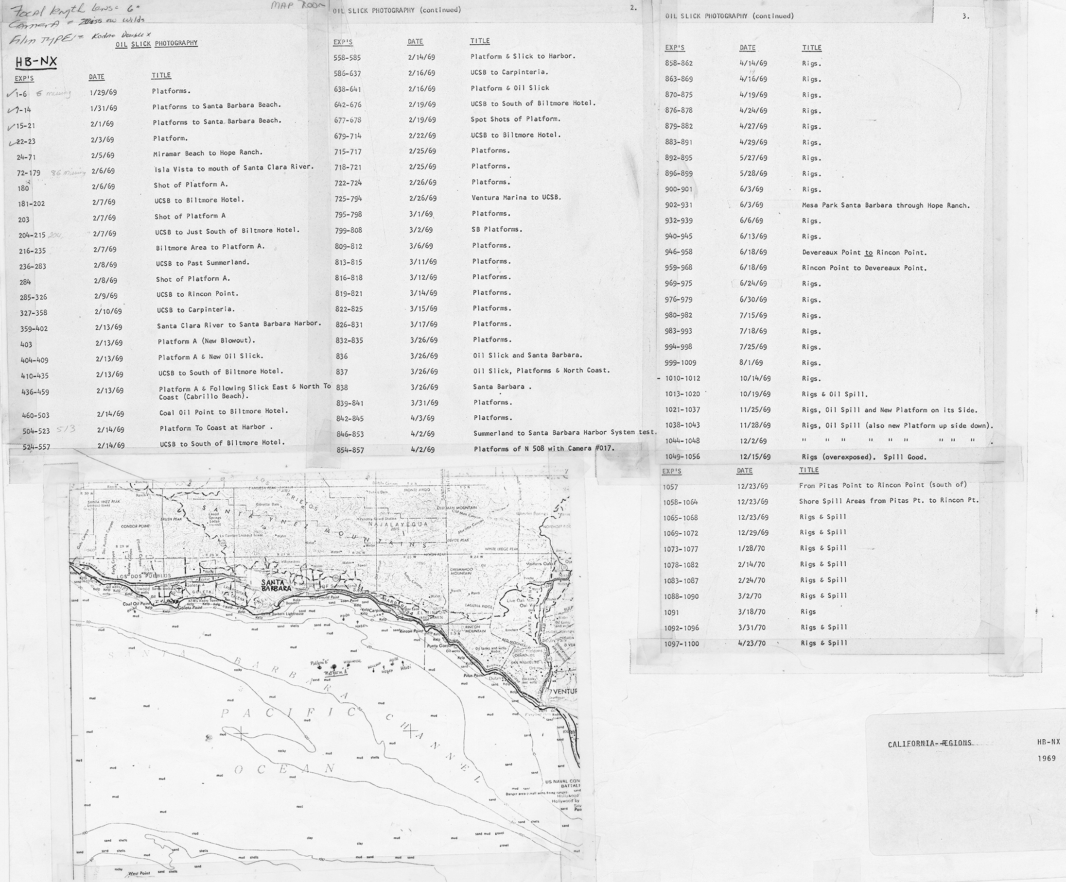 A list of historical overflight photos of the California coast and accompanying map of the oil platforms in the area of the Platform 