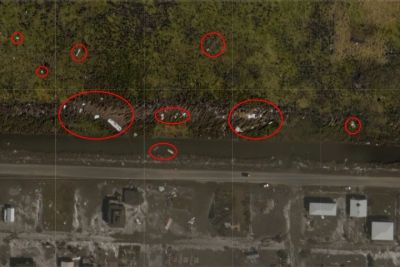 An aerial image highlighting debris. 