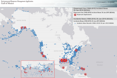 A map of the U.S. with blue dots and red icons indicating historic spills where dispersants were used.