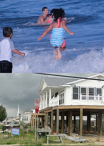 Upper: Children play on the Jersey shore. Lower: Home reconstruction after Sandy