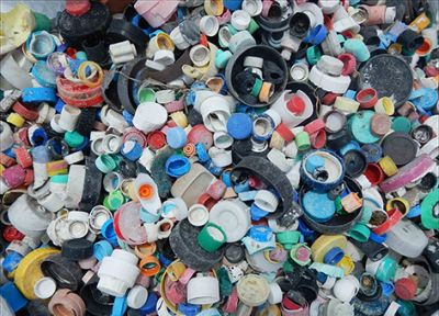 Plastic bottle caps collected from Midway Atoll.