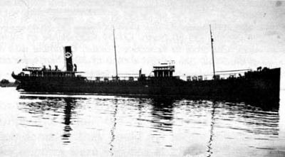 A black and white photo of a sinking vessel.