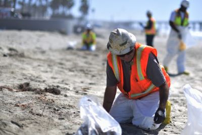 Cleanup workers on a beach.