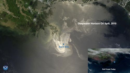 A satellite image of an oil spill.