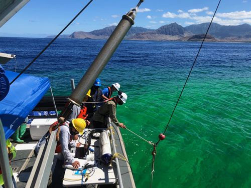 People standing on the side of a boat looking at water, that is colored green.