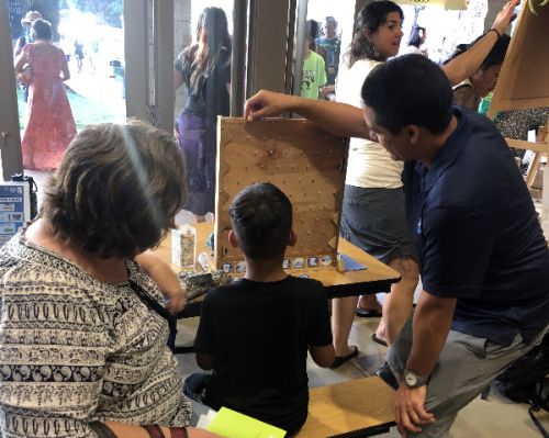 Man demonstrating something to a child at an easel.